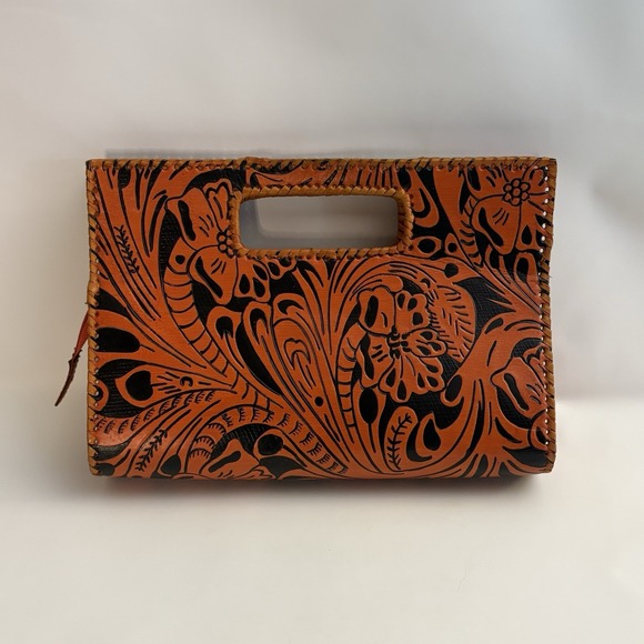 Tooled Leather Clutch Purse Floral Orange Black Handbag Whipstitch Made in India - Picture 2 of 9